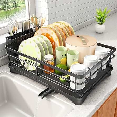 Dish Drying Rack - Stainless Steel Dish Rack for Kitchen Counter, Large-Capacity Dish Drainer with Cutlery Holder, Kitchen Organizer for Dishes, Spoons and Forks, Black