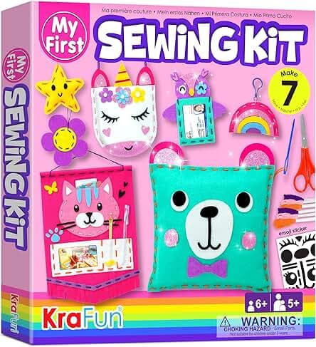 KRAFUN My First Sewing Kit for Beginner Kids Arts & Crafts, 7 Easy DIY Projects of Stuffed Animal Dolls and Plush Pillow Craft, Instructions & Felt, Gift for Girls, Boys, Learn to Sew, Embroidery