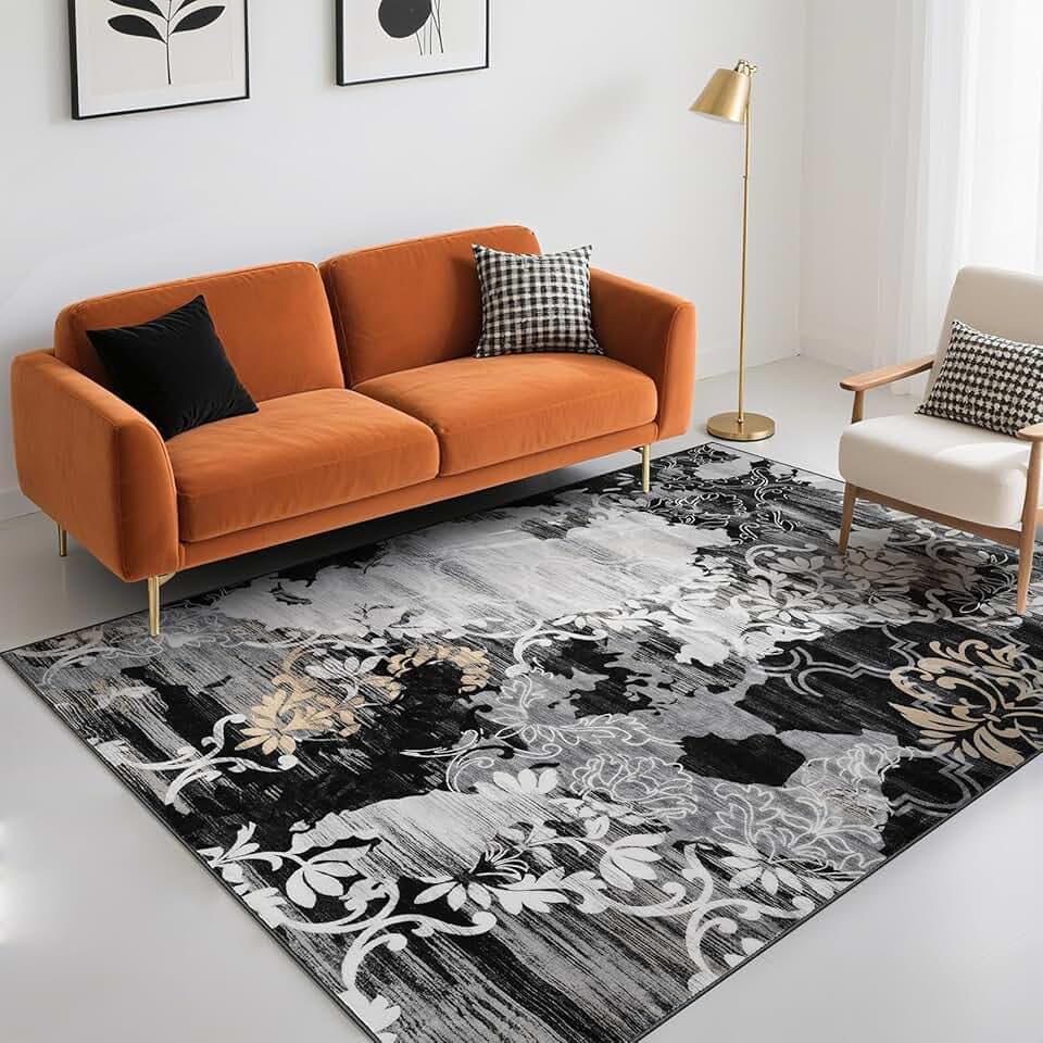 Abstract Area Rug Washable Rug with Non-Slip Backing Low Pile Area Rugs for Living Room, Bedroom, Dining Room,4x6, Black
