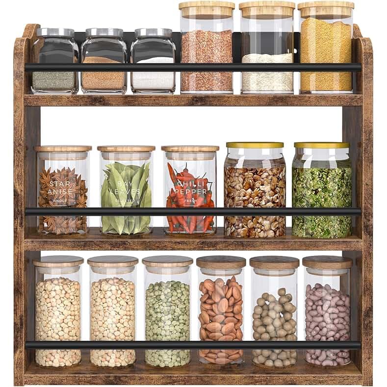 Spice Rack Wall Mounted, Wood 3 Tier Spice Rack for Countertop, Vertical Spice Organizer for Spice Jars and Seasonings, Hanging Spice Shelf for Kitchen Cabinet, or Pantry, Rustic Brown