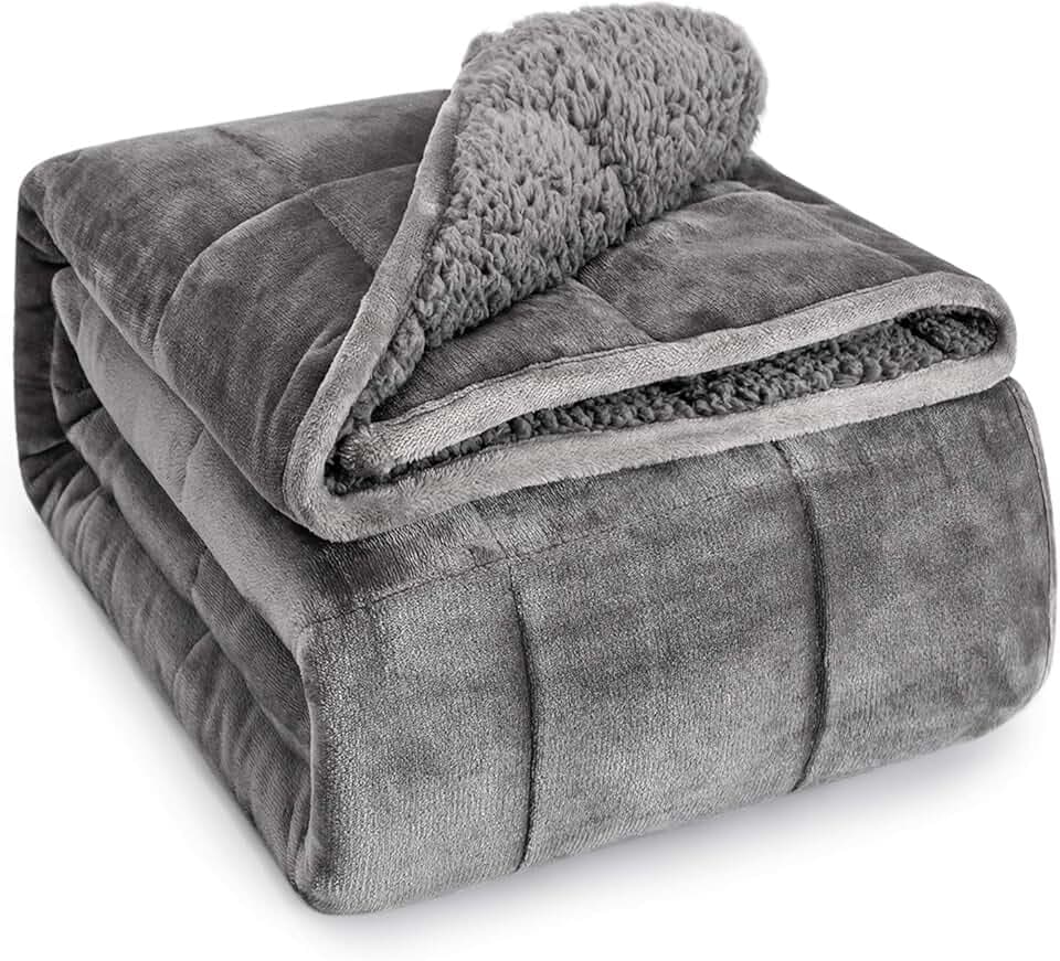 Wemore Sherpa Fleece Weighted Blanket for Adult, 15 lbs Dual Sided Cozy Fluffy Heavy Blanket, Ultra Fuzzy Throw Blanket with Soft Plush Flannel Top, 48 x 72 inches, Grey on Both Sides