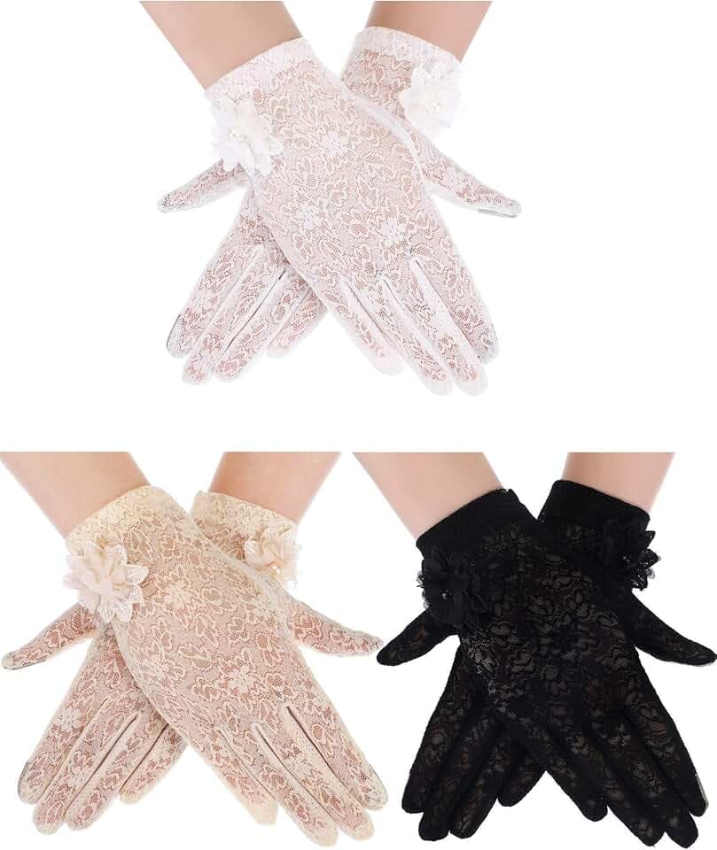 Skylety 3 Pairs Lace Gloves for Women - Short Floral Tea Party Dressy Gloves for Wedding Dinner Parties