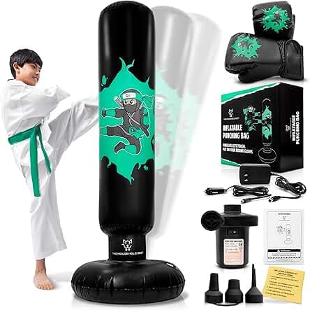 THB Punching Bag for Kids - Inflatable Punching Bag Stand with Boxing Gloves for Kids Age 3-8, 63” Ninja Boxing Bag with Electric Air Pump to Practice Taekwondo, Karate, MMA, Bouncing Back Boxing Set