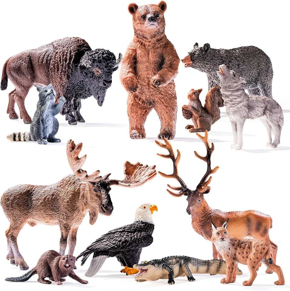 12PCS North American Woodland Animals Figurines Toys, Realistic Jungle Wild Animal Figures Includes Wolf,Bear,Eagle,Raccoon Toys, Cake Toppers Birthday Gift Party Favors Toys for Toddlers Kids