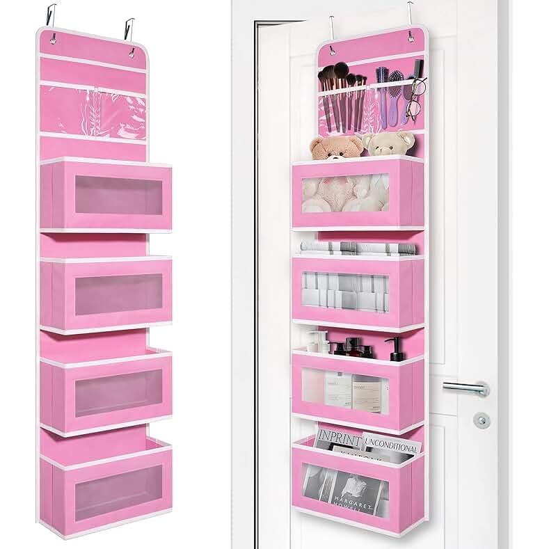 Over Door Organizer with 4 Large Capacity Pockets, Hanging Organizer Storage for Closet Bathroom Nursery Bedroom Dorm, Toys Cosmetics Sundries and Baby Essentials, Pink