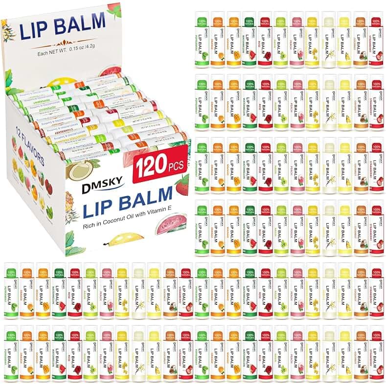 DMSKY 120 Pack Lip Balm, Natural Lip Balm Bulk with Vitamin E and Coconut Oil, Moisturizing Lip Balms for Chapped Lips-12 Flavors