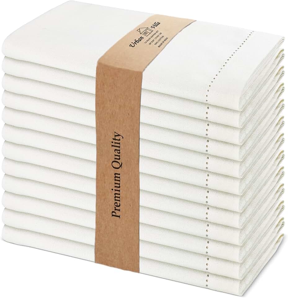 Urban Villa Easter Cloth Napkins Hemstitch Solid Ivory 100% Cotton Absorbent Dinner Napkins (Set of 12) 20x20 Inches Soft Durable Washable Reusable Ideal for Everyday Use Wedding Parties Cloth Napkins