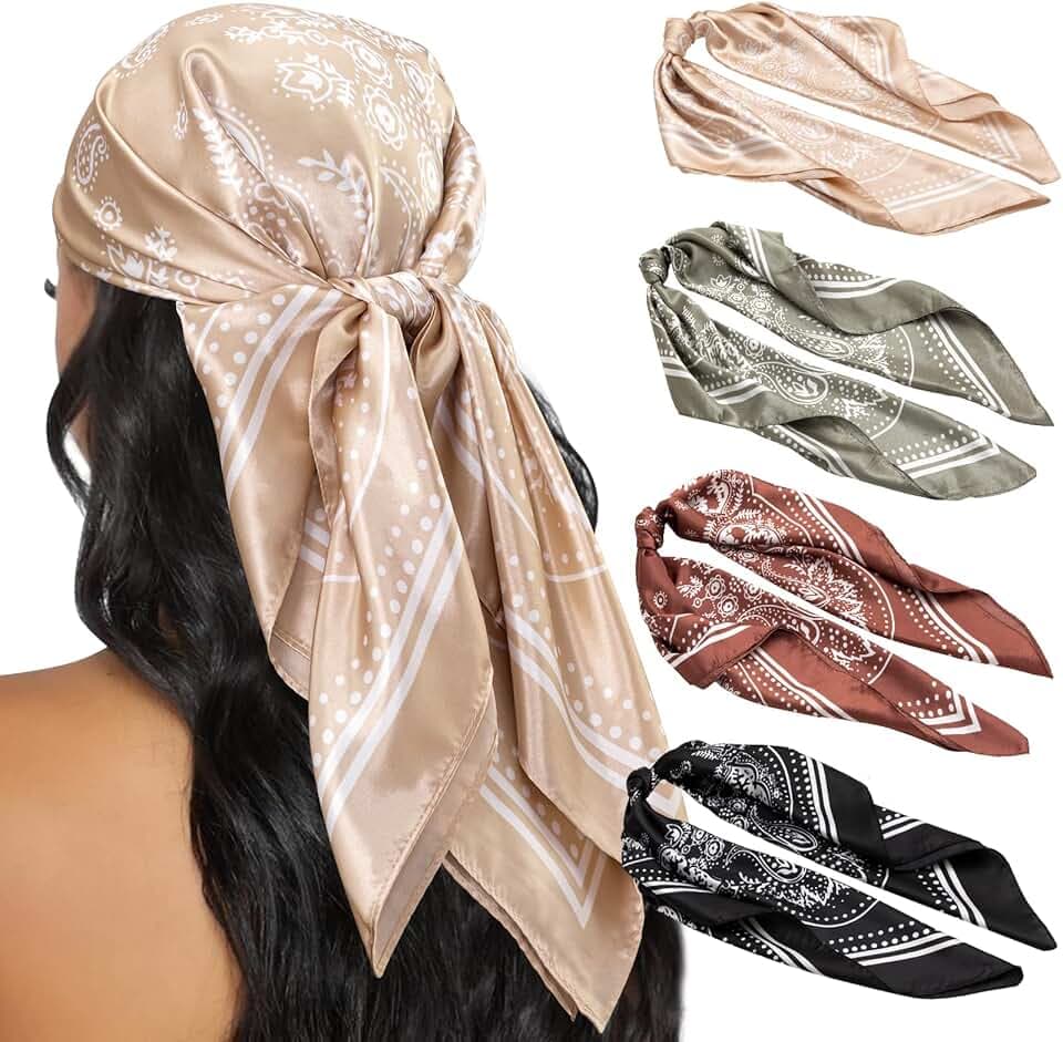 HBselect 4PCS Head Scarf for Women 35” Head Scarves Silk Like Satin Neck Scarfs Square Bandana Hair Wraps Scarf for Sleeping