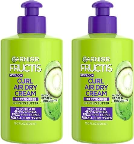 Garnier Fructis Curl Nourish Air Dry Cream, Sulfate Free Defining Butter Leave-in Conditioner, 10.2 Fl Oz, 2 Count (Packaging May Vary)