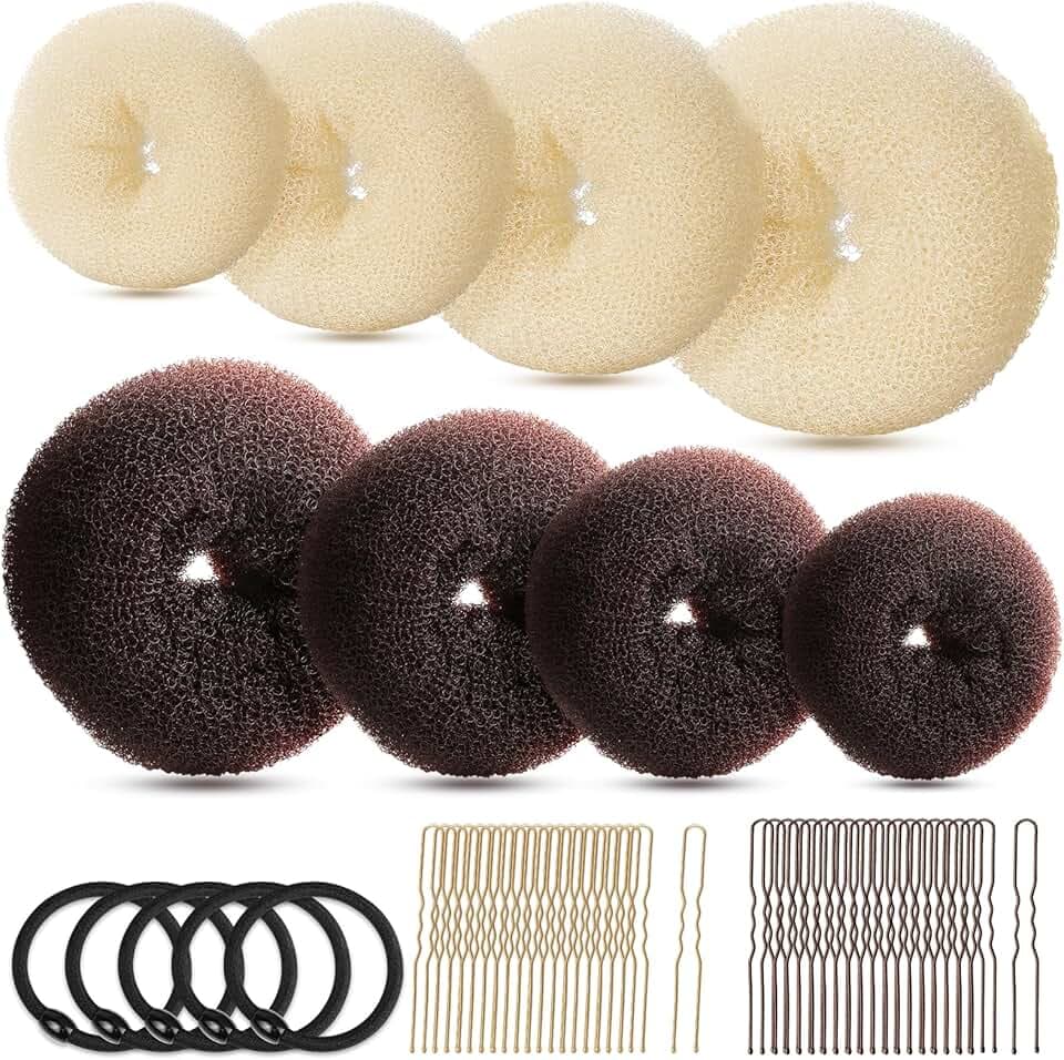 FANDAMEI Hair Bun Maker Set, Donut Bun Maker Set With 4pcs Dark Brown &4pcs Beige(2 extra-large,2 large,2 medium and 2 small), 5 pieces Hair Elastic Bands, 40 pieces Hair Bobby Pins (Brown and Gold)