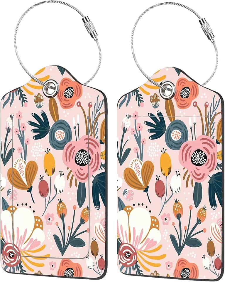 2 Pack Luggage Tag for Suitcase,Creative Floral PU Leather Suitcase Tags Identifiers with Privacy Name Address Labels and Durable Steel Loop for Women Men Travel