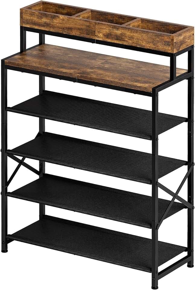 Shoe Rack, 6 Tier Shoe Storage Organizer with Compartment, 4 Oxford Fabric Shelves and Top Panel, Steel Frame, Holds 16-20 Pairs of Shoes, for Entryway and Closet, Industrial, Rustic Brown
