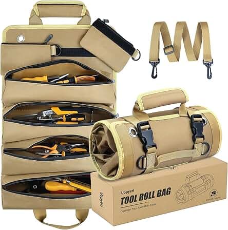 Roll Up Tool Bag, Heavy Duty Tool Organizer with 2 Detachable Zipper Pouches, Compact Durable Tool Storage for Men Women, Perfect for Handyman, RV Owners, Dad Birthday or Father’s Day Gifts, Khaki