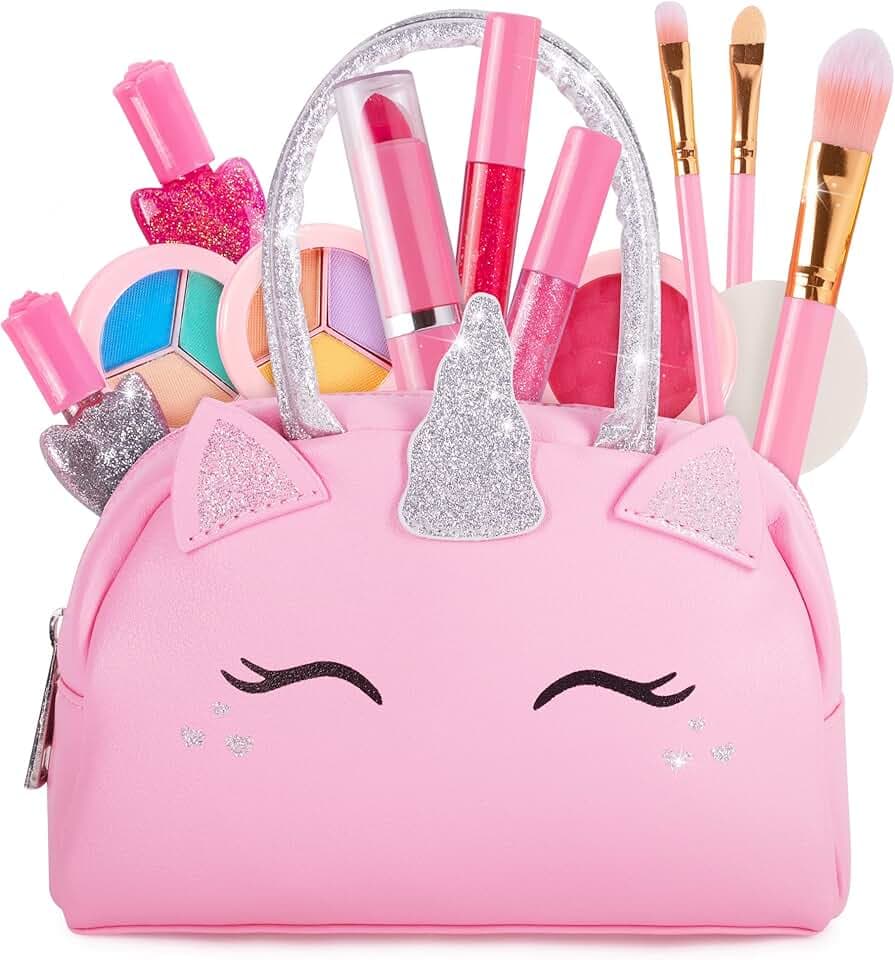 Kids Real Makeup Kit for Girls with Pink Unicorn Purse, Non Toxic Washable Make Up - Unicorn Toys for Toddler & Birthday Gifts for Girl Ages 3 4 5 6 7 8 9 10 Years Old - Pretend Play Vanity Set