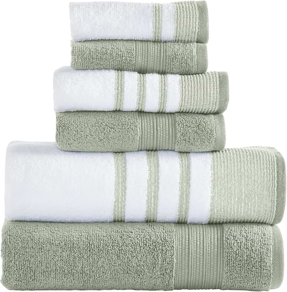 Modern Threads 6 Piece Set, 2 Bath Towels, 2 Hand Towels, 2 Washcloths, Quick Dry White/Contrast Reinhart Sage