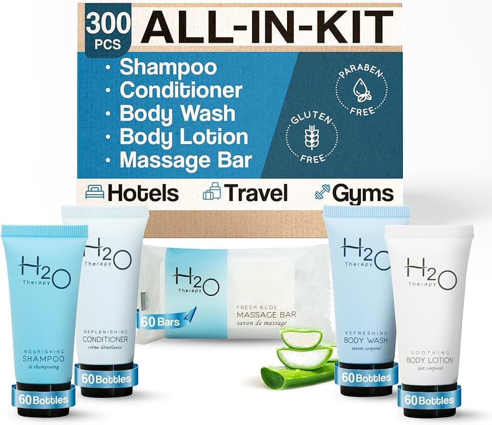 H2O Therapy Hotel Soaps & Toiletries Bulk Set | 1-Shoppe Amenities Kit | 0.85oz Shampoo & Conditioner, Body Wash, Lotion, 1oz Bar Soap | Travel Size | 300 Pieces