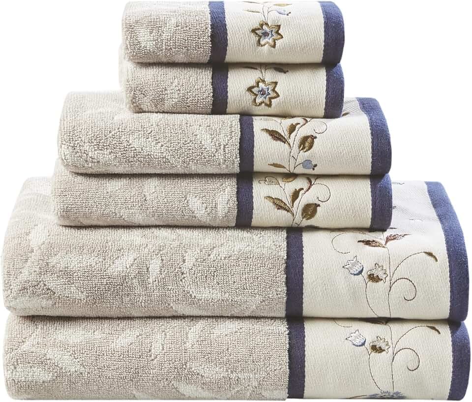Madison Park Serene 100% Cotton Bath Towel Set Luxurious Floral Decorative Towels for Bathroom Embroidered Cotton Jacquard Design Soft Highly Absorbent for Shower 600 GSM, Multi-Sizes, Navy 6 Piece