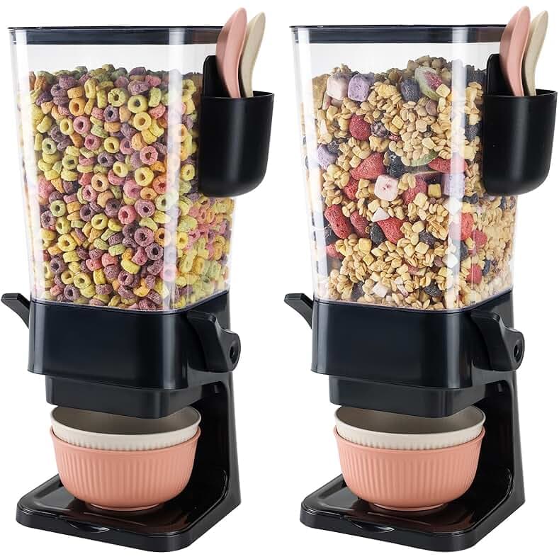 Cereal Dispenser Countertop Black 2 Pack with Bowls Spoons Cutlery Box,5.5 QT Dry Food Dispenser Snack Organizer Containers Storage for Pantry Kitchen Organization Oatmeal Nut Granola Candy