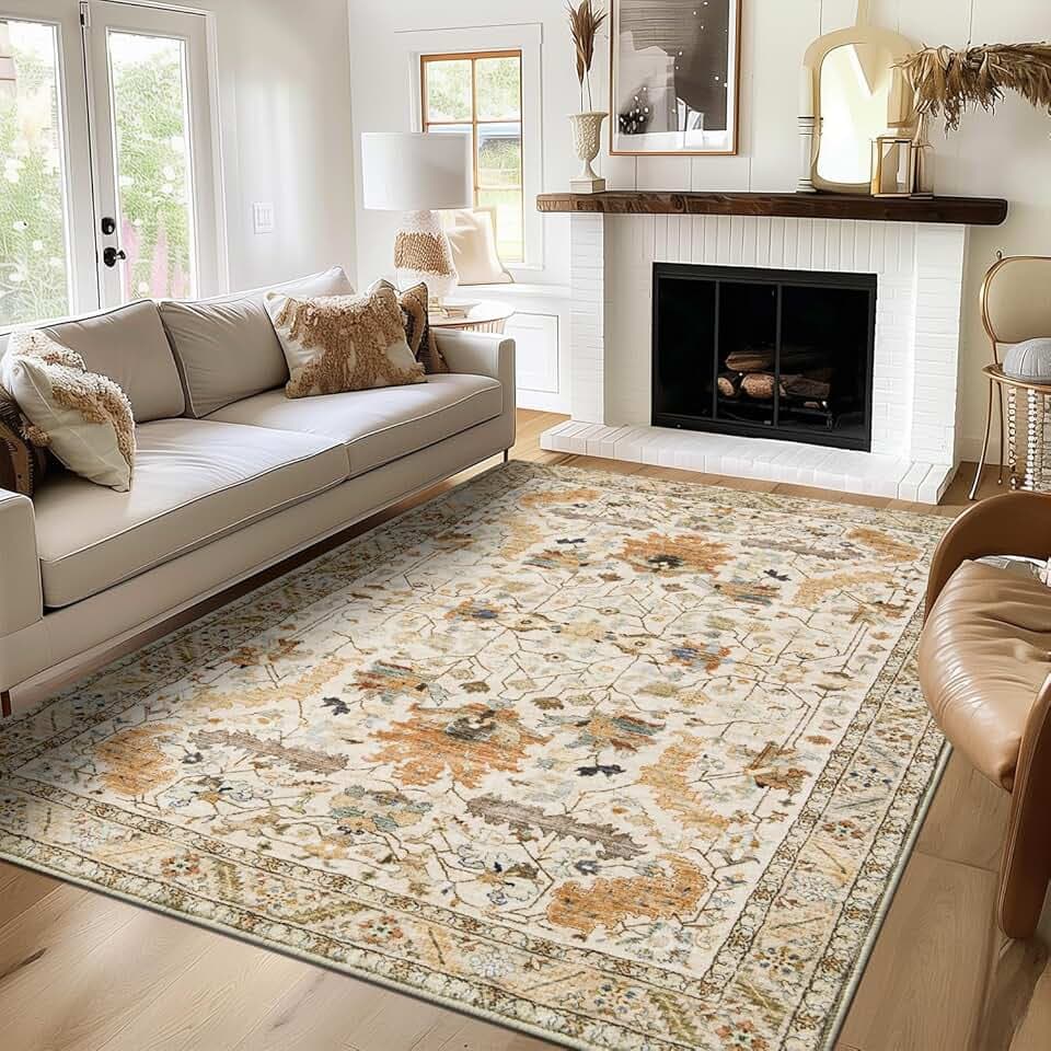 5x7 Area Rugs for Living Room, Washable Non-Slip Bedroom Rug, Stain Resistant Low Pile Soft Kids Nursery Rug, Vintage Farmhouse Non-Shedding Area Rug, Carpet for Dining Room Dorm Playroom