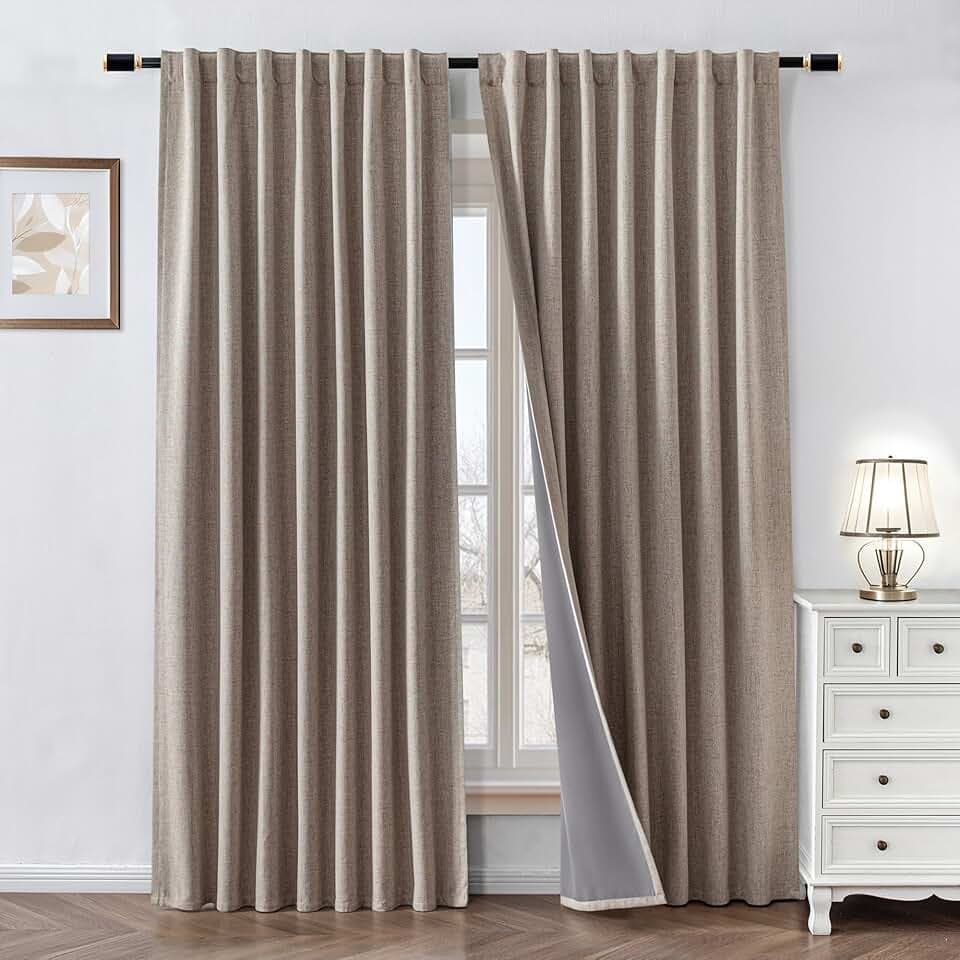 100% Blackout Curtains 84 inch Length 2 Panels Faux Linen Long Drapes for Bedroom Living Room Black Out Room Darkening Curtain Thermal Insulated Back Tab Rod Pocket(W52 x L84, Beige)