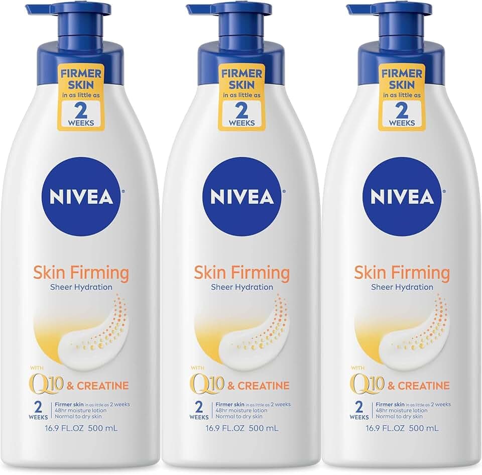 NIVEA Sheer Hydration Skin Firming Body Lotion with Q10 and Vitamin C, 72-Hour Body Moisturizer for Normal to Dry Skin, 16.9 Fl Oz Pump Bottle, Pack of 3