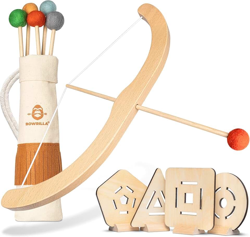 BOWRILLA® Kids Bow and Arrow Set | Wooden Archery Toy for Boys & Girls Aged 3-7, Bow and Arrow for Kids | Includes 5 Arrows, 4 Targets, Cotton Quiver | Indoor & Outdoor Play