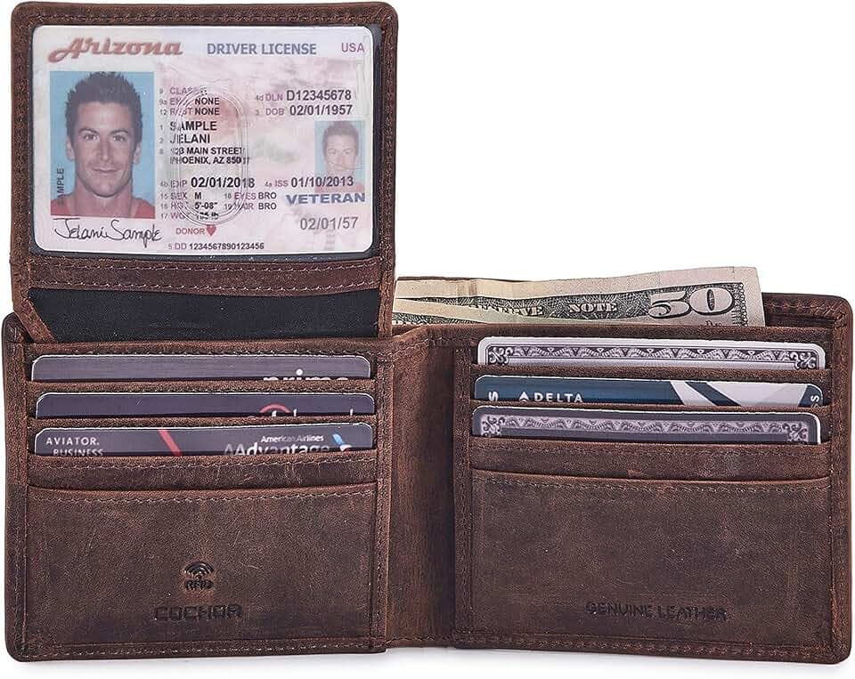 Cochoa Bifold Wallet for Men's Real Genuine Leather RFID Blocking 2 ID Windows Stylish Travel Gift Box