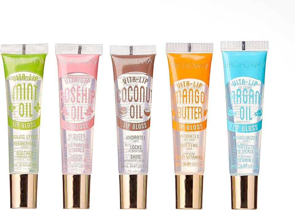 Ruby Kisses Broadway Vita-Lip Clear Lip Gloss (5 Pack Mint, Rosehip, Coconut, Argan Oil, Mango Butter), Ultra-Hydrating & Soothing Formula with Vitamin Oils, High-Shine Non-Sticky Finish Lip Balm