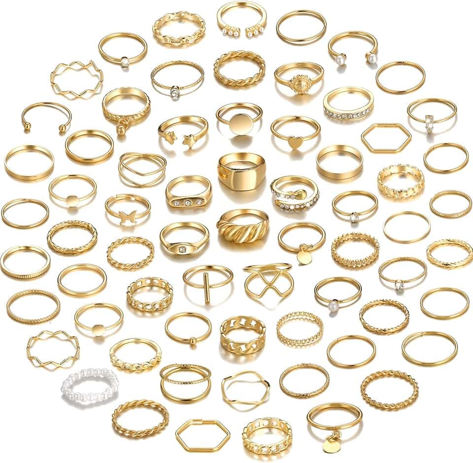 YEEZII 68 Pcs Gold Knuckle Rings Set for Women, Stackable Boho Joint Finger Midi Rings Silver Hollow Carved Crystal Stacking Ring Pack for Gift