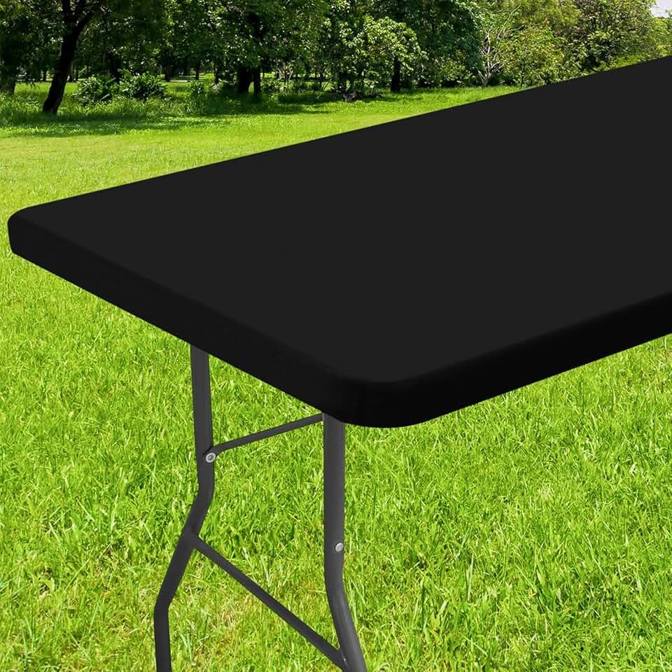 Smiry Rectangle Tablecloth, Elastic Fitted Flannel Backed Vinyl Tablecloths for 6ft Folding Tables, Waterproof Wipeable Table Covers for Indoor, Outdoor, Picnic and Camping (Black, 30"x72")