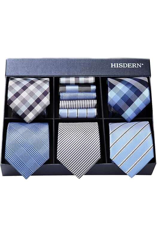 HISDERN Mens Ties Set 5PCS Collection Tie with Pocket Sqaure Formal Business Necktie Present Box Neckties Set for Men