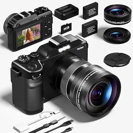 Yatao Digital Camera with WiFi, 4K 5K 64MP Photography Camera Kit for YouTube, Front and Rear Dual Camera for Convenient Selfie, Equipped with 64GB Micro Card, Wide & Macro Lens, Card Reader