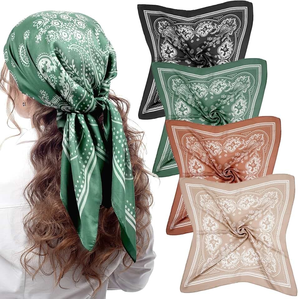 Syhood 4 Pcs 27'' Square Satin Head Scarves Satin Bandanas for Women Headband Scarves Silk Feeling Scarf Boho Headwear