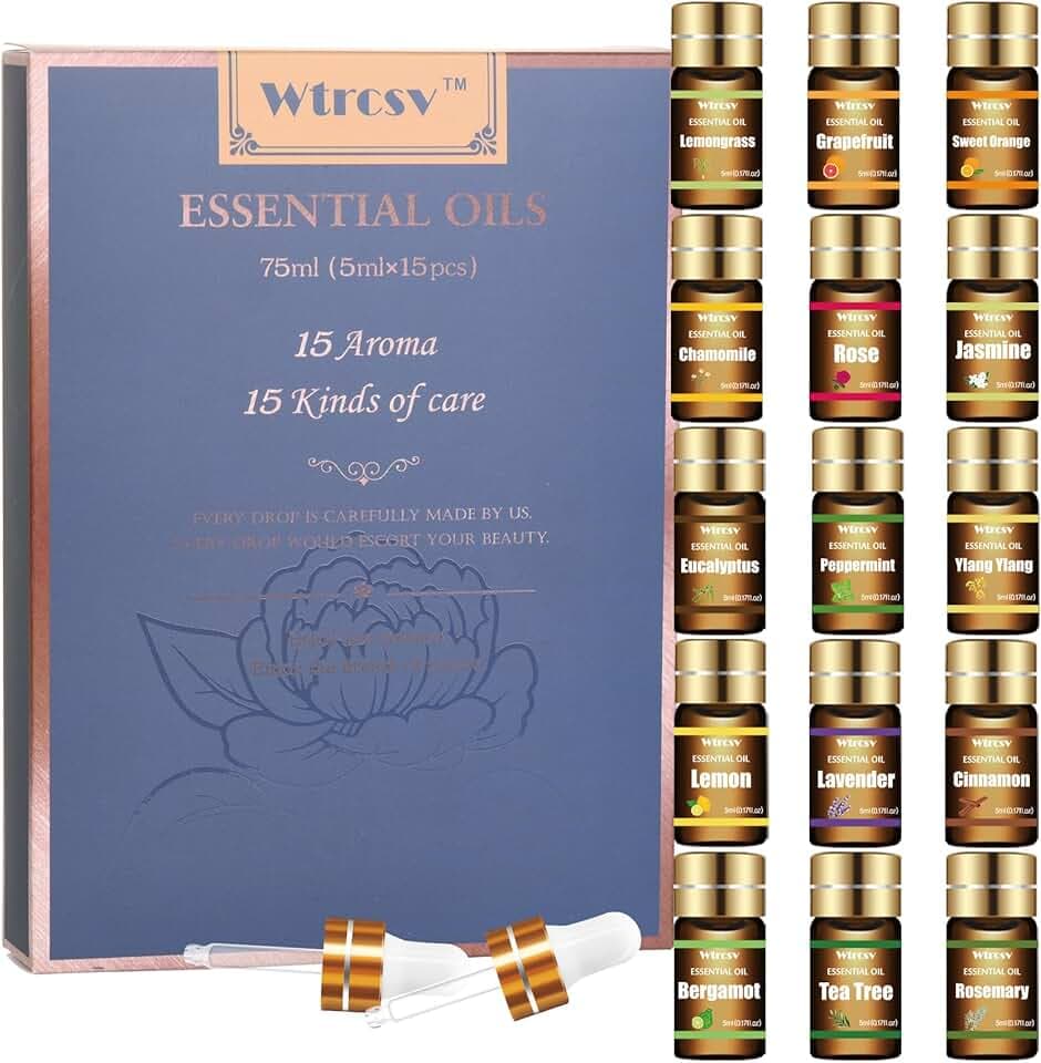 Essential Oils Set-Top 15 Blends for Diffusers,Candle Making Scents,Fragrance,Aromatherapy-Eucalyptus,Lavender,Lemongrass,Tea Tree,Peppermint,Rosemary,Sweet Orange,Grapefruit,Rose,Lemon&More,15x5mL