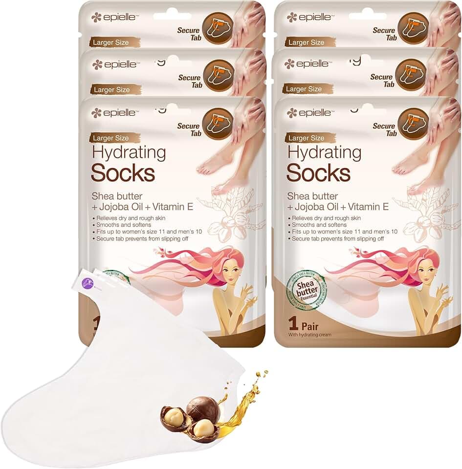 Epielle Hydrating Foot Masks 6 Pairs, Deep Moisturizing Socks for Dry Feet & Cracked Heels, Relieve and Soften with Shea Butter & Jojoba Oil, Korean Skin Care, Spa Set, Self Care Gifts for Women