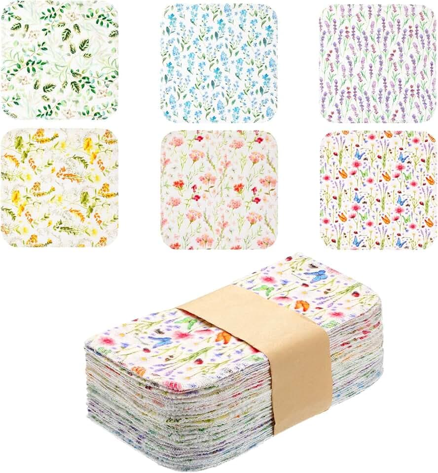 Kinlop 24 Pcs Lunchbox Cloth Napkins Bulk Reusable 2 Ply Flannel Wipes Washable Soft Cotton Sturdy Absorbent Cloth Placemats for Dining Home Party 8" x 8"(Floral Style)