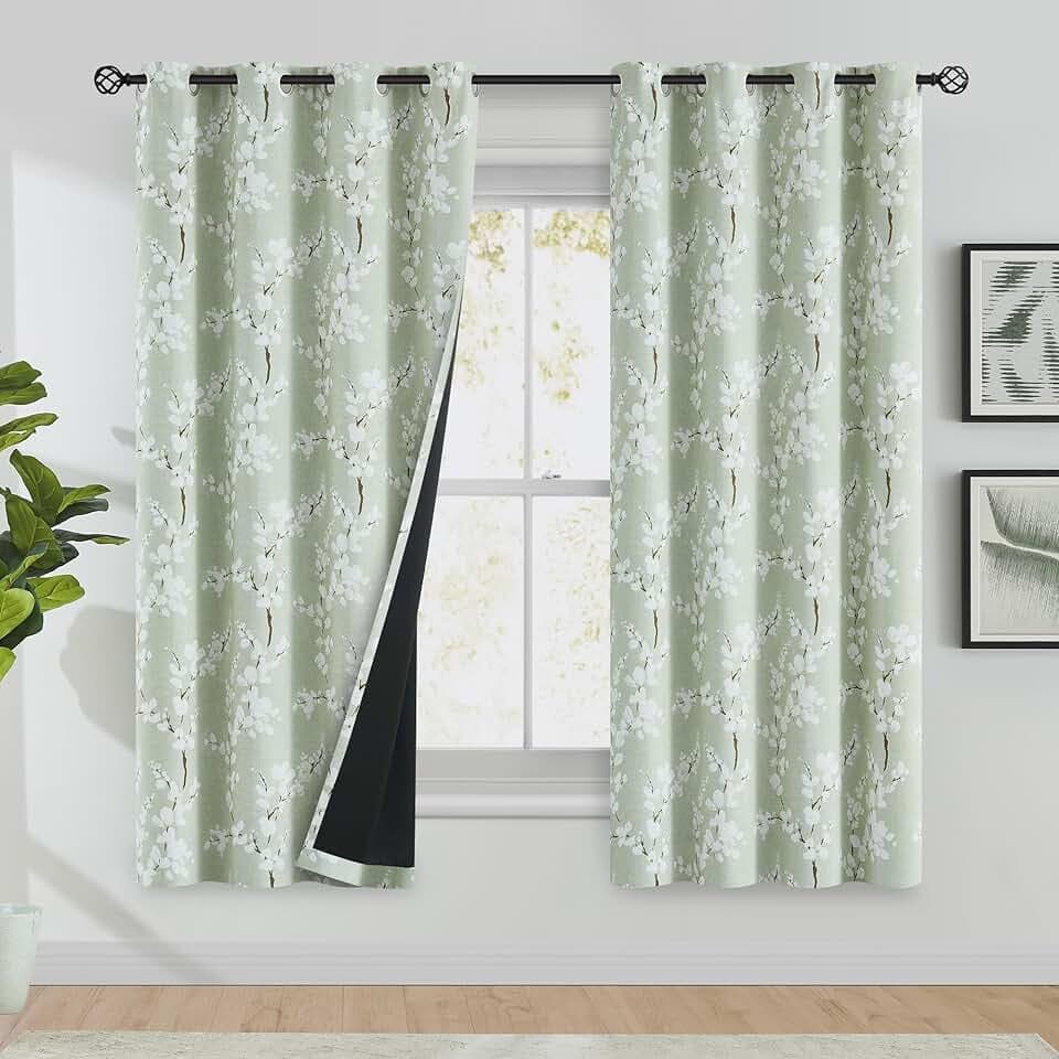 FMFUNCTEX 100% Blackout Floral Curtains for Bedroom, Sage Green Curtains 63 inch Length Blossom Patterned for Living Room, Thermal Insulated Farmhouse Drapes, Grommet Top 2 Panels (White on Green)