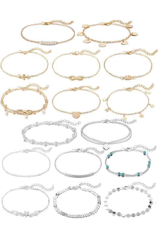 Softones 16Pcs Ankle Bracelets for Women Gold Silver Two Style Chain Beach Anklet Bracelet Jewelry Anklet Set,Adjustable Size