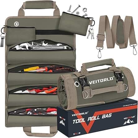 Veitorld Tool Roll Up Bag, Gifts for Men Dad Husband Him, Portable Foldable Tools Storage for Men, Heavy Duty Tool Organizer with Detachable Pouches for Electrician Carpenter and Handy Man