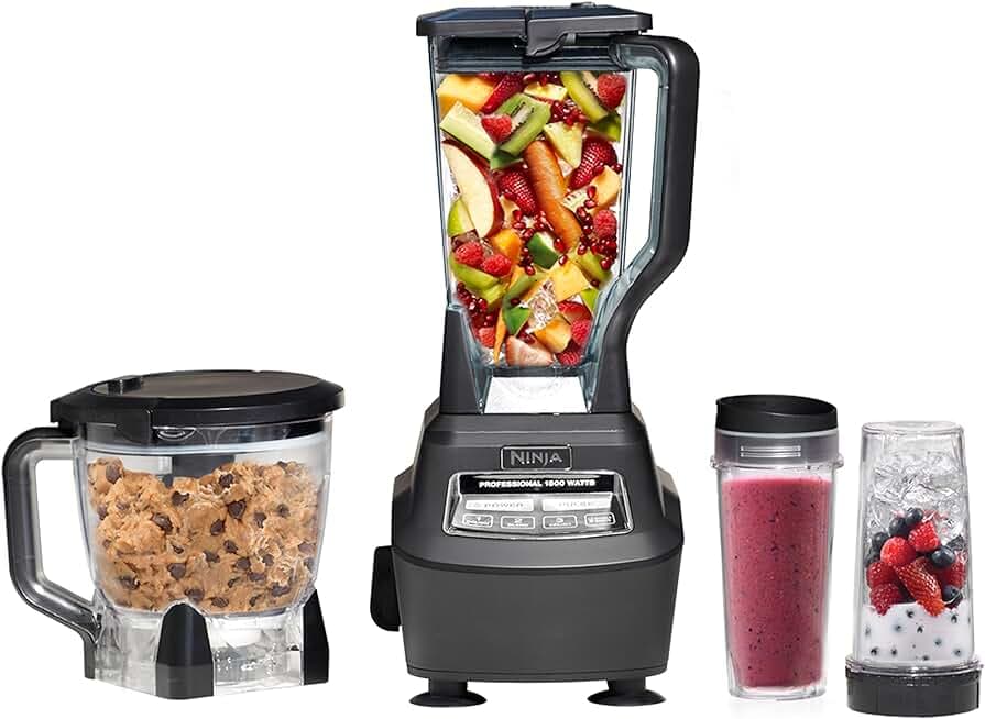 Ninja Blender, Mega Kitchen System, 1500W, 4 Functions for Smoothies, Processing, Dough, Drinks & More, with 72 Blender Pitcher, 64 Processor Bowl, 2 Nutri Cups + Lids, Black, BL770