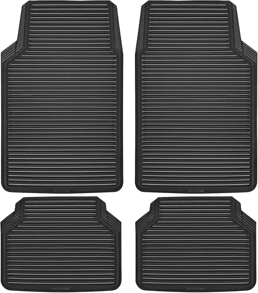 CAR PASS Rubber Floor Mats, All Weather Full Set 4-Piece, Waterproof Automotive Mats Trim to Fit Most Cars Sedans SUVs Vans, Heavy Duty Anti-Slip Easy Clean, All Black