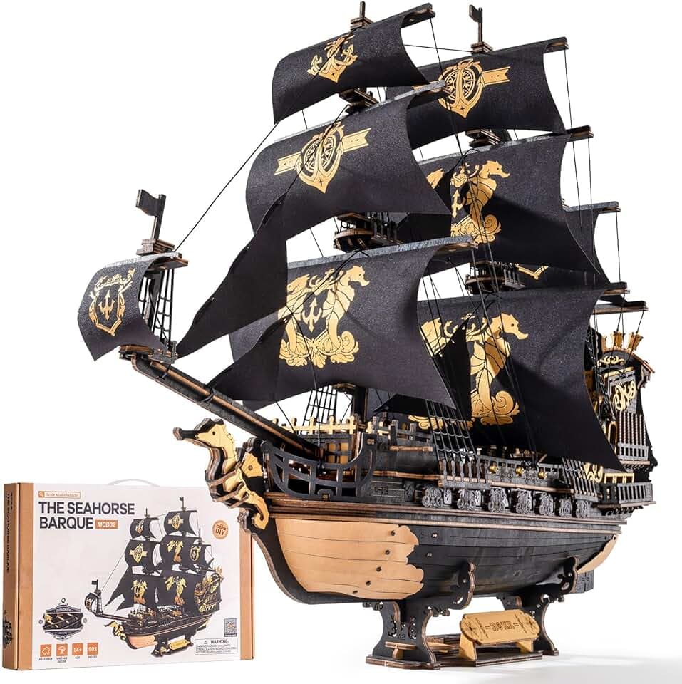 ROKR 3D Wooden Puzzles for Adults,Seahorse Barque Model kit, 603 Piece 3D Puzzles for Adults&Teens,Ideal Gift for Boys and Men