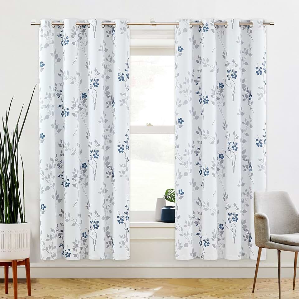 Beauoop Floral 100% Blackout Curtains 72 Inches Long 2 Panels for Bedroom Living Room Blue Grey and White Flower Patterned Room Darkening Thermal Soundproof Grommet Window Treatments Drapes, 52X72