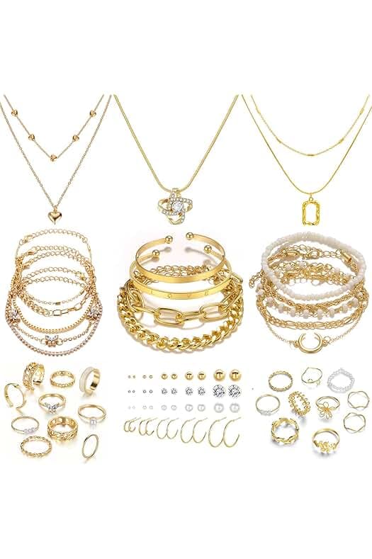 IFKM 36 PC Gold Plated Jewelry Set with 4 Necklace, 11 Bracelet, 7 Ear Cuffs Earring, 14 Knuckle Rings for Women Girls Valentine Anniversary Birthday Friendship Gift