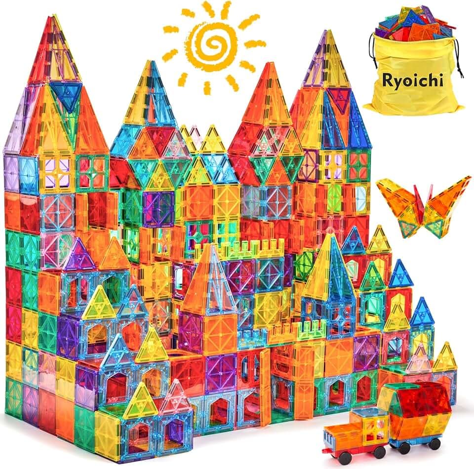 Ryoichi 138PCS Magnetic Building Tiles Set with 2 Cars, STEM Educational Construction Blocks & Montessori Learning Toys for Kids Ages 3-9+ Years