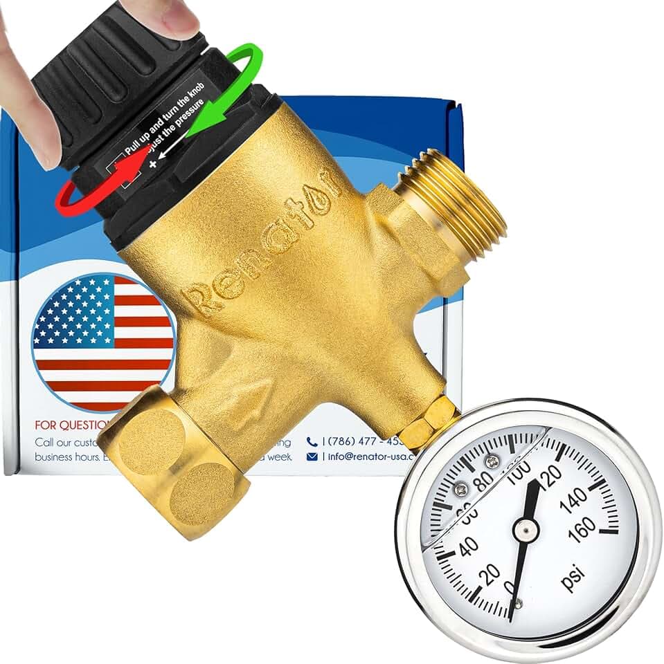 RV Water Pressure Regulator for RV Camper. Brass Lead-Free Adjustable Water Pressure Regulator with Gauge for Camper Travel Trailer, Reducer Valve W Filter. M44-0660R.