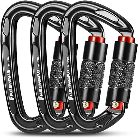 FresKaro UIAA Certified 25KN Auto Locking Climbing Carabiner Clips, Twist Lock, and Heavy Duty Carabiners for Rock Climbing, Rappelling, and Mountaineering, D Shaped 3.93 Inch, Large Size, Black