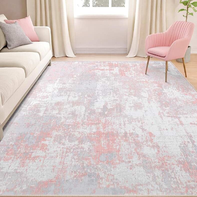 Washable Area Rugs 5'x7' Non-Slip Modern Abstract Soft for Living Room Entryway Bedroom, Print Pattern, Grey Pink