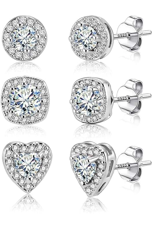 ALEXCRAFT Sterling Silver Stud Earrings for Women Girls Cubic Zirconia Halo Round Heart Square Diamond Large Silver Stud Set