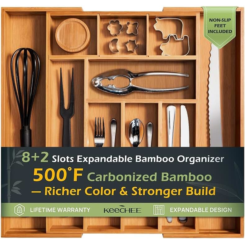 Carbonized Bamboo Kitchen Drawer Organizer, 8-10 Slots Expandable Silverware Organizer, Utensil Holder & Cutlery Tray, 2.2" Deep for Extra Capacity, Non-Slip Feet Included